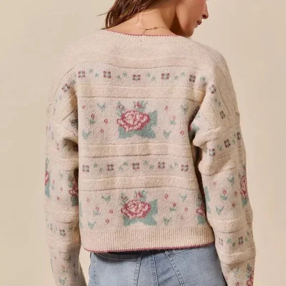 SO ME‎ Floral Pattern Long Sleeve Button Sweater Cardigan